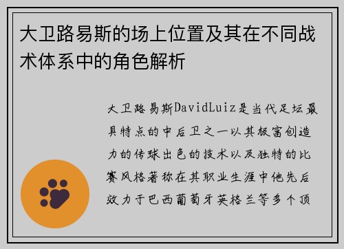 大卫路易斯的场上位置及其在不同战术体系中的角色解析 大卫路易斯的场上位置及其在不同战术体系中的角色解析